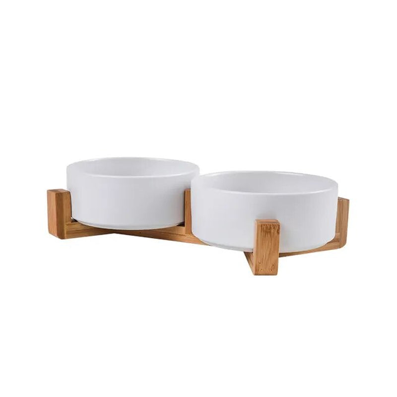 Ceramic Pet Bowl Dish with Wood Stand - Roo Roo Pets